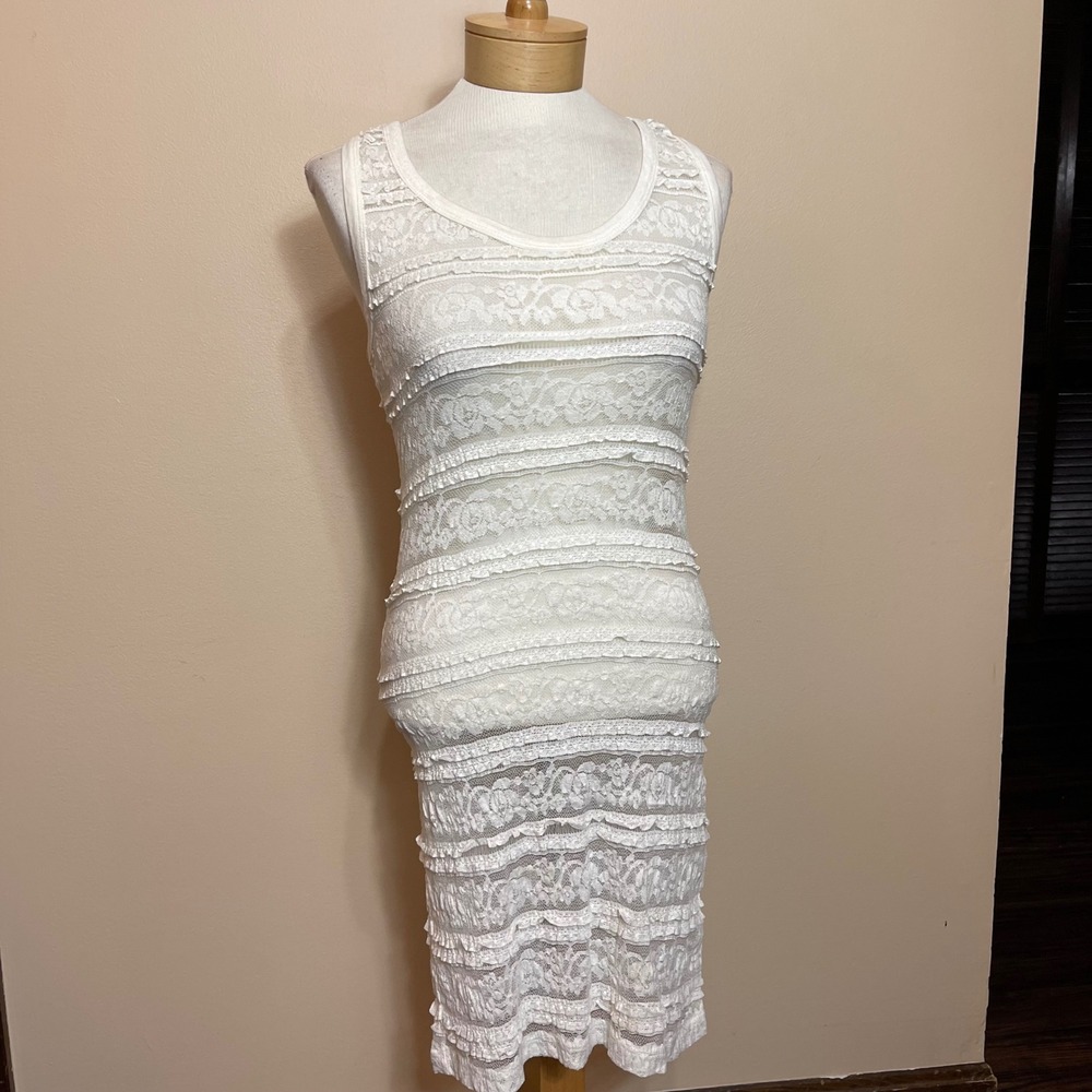 Cynthia‎ Rowley White Tiered Ruffle Lace Sheath Dress Sleeveless Womens Small